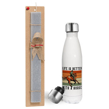 Life is Better with a Horse, Easter candle, metallic white thermos bottle (500ml) & aromatic flat candle (30cm) (GRAY)