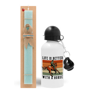 Life is Better with a Horse, Easter Set, metallic aluminum water bottle (500ml) & scented flat candle (30cm) (TURQUOISE)