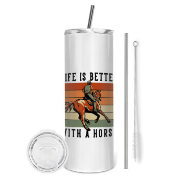 Life is Better with a Horse, Eco friendly ποτήρι θερμό (tumbler) από ανοξείδωτο ατσάλι 600ml, με μεταλλικό καλαμάκι & βούρτσα καθαρισμού