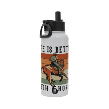 Life is Better with a Horse, Metal mug thermo White with Straw and Spout Lid (Stainless steel), double wall, 950ml