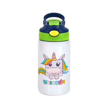 Unicorns cube, Children's hot water bottle, stainless steel, with safety straw, green, blue (350ml)