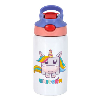 Unicorns cube, Children's hot water bottle, stainless steel, with safety straw, pink/purple (350ml)