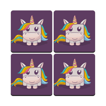 Unicorns cube, ΣΕΤ 4 Σουβέρ ξύλινα τετράγωνα (9cm)