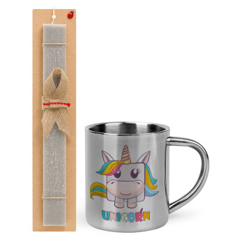 Unicorns cube, Easter Set, metallic thermal cup (300ml) & Easter aromatic flat candle (30cm) (GRAY)