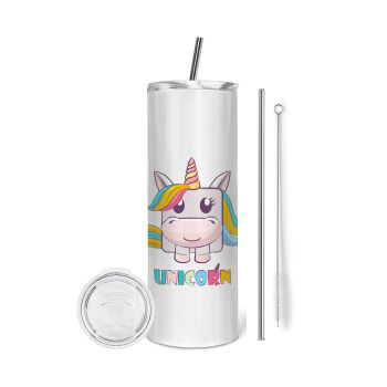 Unicorns cube, Eco friendly ποτήρι θερμό (tumbler) από ανοξείδωτο ατσάλι 600ml, με μεταλλικό καλαμάκι & βούρτσα καθαρισμού