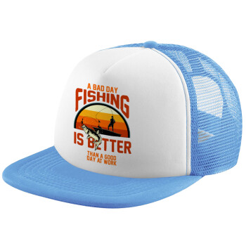 A bad day FISHING is better than a good day at work, Καπέλο παιδικό Soft Trucker με Δίχτυ ΓΑΛΑΖΙΟ/ΛΕΥΚΟ (POLYESTER, ΠΑΙΔΙΚΟ, ONE SIZE)
