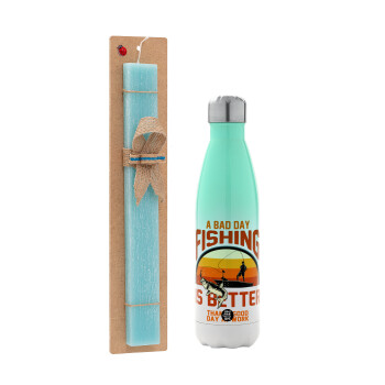 A bad day FISHING is better than a good day at work, Easter Set, Metallic green/white thermos (Stainless steel), double-walled, 500ml & scented flat Easter candle (30cm) (TURQUOISE)