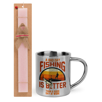 A bad day FISHING is better than a good day at work, Easter Set, metallic thermal cup (300ml) & aromatic flat Easter candle (30cm) (PINK)