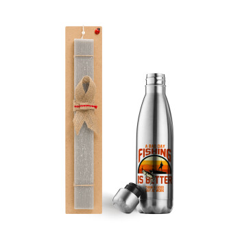 A bad day FISHING is better than a good day at work, Easter Set, metallic stainless thermos flask (500ml) & scented flat Easter candle (30cm) (GRAY)