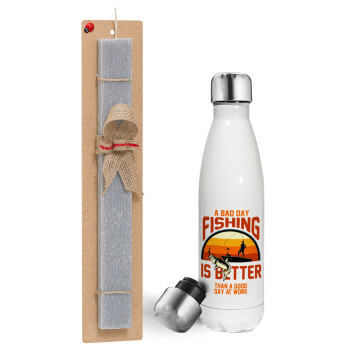 A bad day FISHING is better than a good day at work, Easter candle, metallic white thermos bottle (500ml) & aromatic flat candle (30cm) (GRAY)