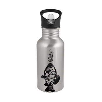 Fishing is fun, Water bottle Silver with straw, stainless steel 500ml