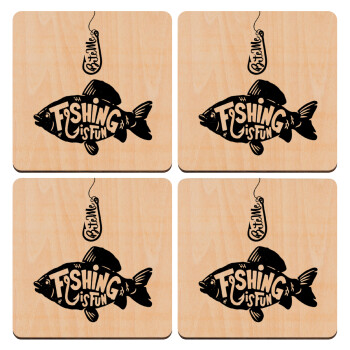 Fishing is fun, ΣΕΤ x4 Σουβέρ ξύλινα τετράγωνα plywood (9cm)