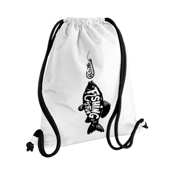 Fishing is fun, Backpack pouch GYMBAG white, with pocket (40x48cm) & thick cords