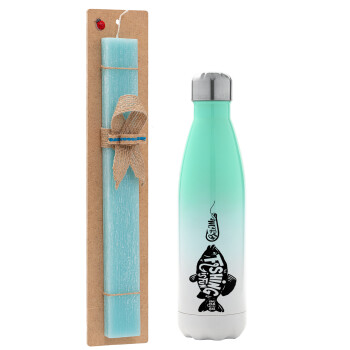 Fishing is fun, Easter Set, Metallic green/white thermos (Stainless steel), double-walled, 500ml & scented flat Easter candle (30cm) (TURQUOISE)