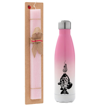 Fishing is fun, Easter Set, Metallic pink/white (Stainless steel) thermos, double-walled, 500ml & aromatic flat Easter candle (30cm) (PINK)