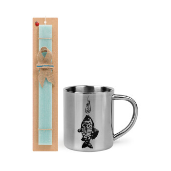 Fishing is fun, Easter Set, metallic thermal cup (300ml) & aromatic flat Easter candle (30cm) (TURQUOISE)