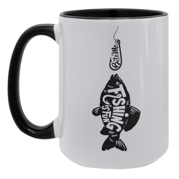 Fishing is fun, Κούπα Mega 15oz, κεραμική Μαύρη, 450ml