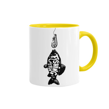 Fishing is fun, Mug colored yellow, ceramic, 330ml