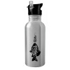 Water bottle Silver with straw, stainless steel 600ml