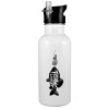 White water bottle with straw, stainless steel 600ml