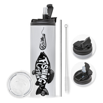 Fishing is fun, Travel Tumbler 2 Lids, with metal straw & cleaning brush (Stainless steel 304 Food grade, BPA free, 600ml)