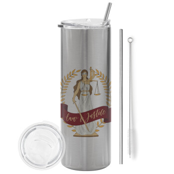 Θέμιδα, Eco friendly stainless steel Silver tumbler 600ml, with metal straw & cleaning brush