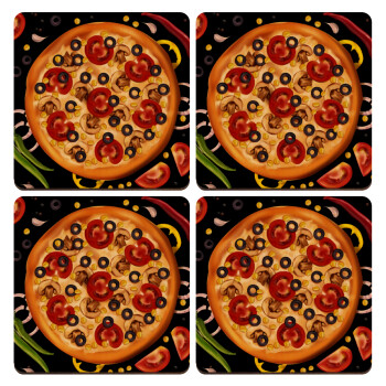 Pizza, ΣΕΤ x4 Σουβέρ ξύλινα τετράγωνα plywood (9cm)