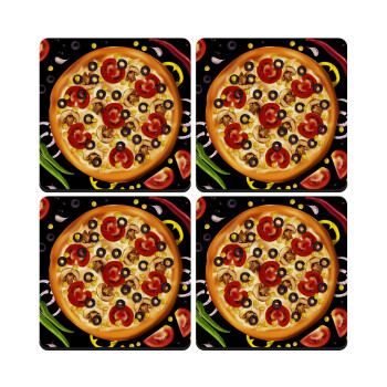 Pizza, ΣΕΤ 4 Σουβέρ ξύλινα τετράγωνα (9cm)