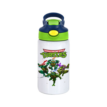 Ninja turtles, Children's hot water bottle, stainless steel, with safety straw, green, blue (350ml)