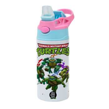 Ninja turtles, Children's hot water bottle, stainless steel, with safety straw, Pink/BlueCiel (360ml) BPA FREE