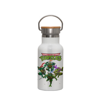 Ninja turtles, Metallic thermos (Stainless steel) White with wooden lid (bamboo), double-walled, 350ml