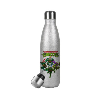 Ninja turtles, Metallic Glitter Silver Thermos Flask (Stainless steel), double-walled, 500ml