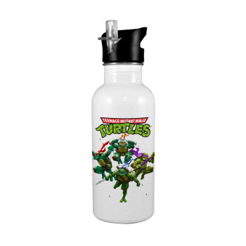 Ninja turtles, White water bottle with straw, stainless steel 600ml