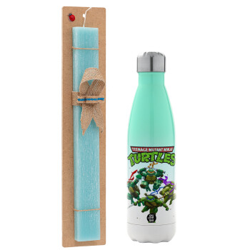 Ninja turtles, Easter Set, Metallic green/white thermos (Stainless steel), double-walled, 500ml & scented flat Easter candle (30cm) (TURQUOISE)