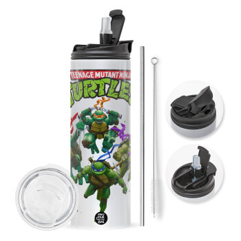 Ninja turtles, Travel Tumbler θερμό με διπλό καπάκι, μεταλλικό καλαμάκι και βούρτσα καθαρισμού (Ανωξείδωτο 304 Food grade, BPA free, 600ml)