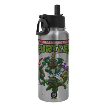 Ninja turtles, Metal mug thermo Silver with Straw and Spout Lid (Stainless steel), double wall, 950ml