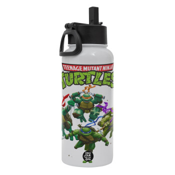 Ninja turtles, Metal mug thermo White with Straw and Spout Lid (Stainless steel), double wall, 950ml