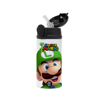 Super mario Luigi, Children's hot water bottle, stainless steel, with safety straw, Black (360ml) BPA-FREE