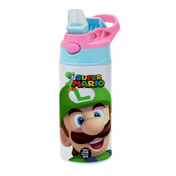 Super mario Luigi, Children's hot water bottle, stainless steel, with safety straw, Pink/BlueCiel (360ml) BPA FREE