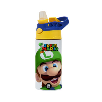 Super mario Luigi, Children's hot water bottle, stainless steel, with safety straw, green, blue (360ml) BPA FREE