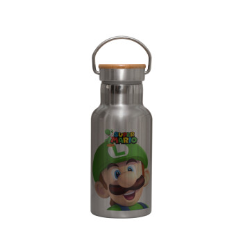 Super mario Luigi, Stainless steel metallic thermos flask, silver with a bamboo lid, double-walled, 350ml.