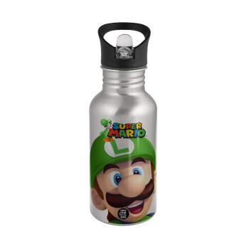 Super mario Luigi, Water bottle Silver with straw, stainless steel 500ml