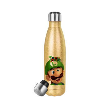 Super mario Luigi, Μεταλλικό παγούρι θερμός Glitter χρυσό (Stainless steel), διπλού τοιχώματος, 500ml