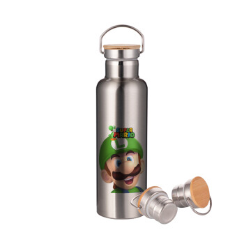 Super mario Luigi, Stainless steel Silver with wooden lid (bamboo), double wall, 750ml
