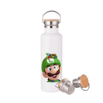 Super mario Luigi, Stainless steel White with wooden lid (bamboo), double wall, 750ml