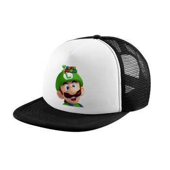Super mario Luigi, Καπέλο παιδικό Soft Trucker με Δίχτυ ΜΑΥΡΟ/ΛΕΥΚΟ (POLYESTER, ΠΑΙΔΙΚΟ, ONE SIZE)