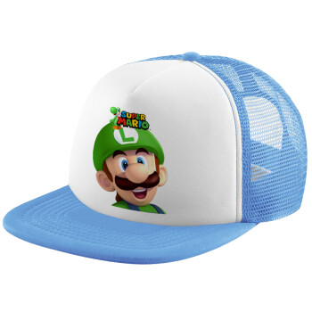 Super mario Luigi, Child's Soft Trucker Hat with Blue/White Mesh (POLYESTER, CHILD, ONE SIZE)