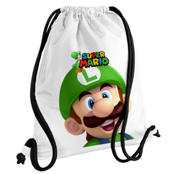 Super mario Luigi, Τσάντα πλάτης πουγκί GYMBAG λευκή, με τσέπη (40x48cm) & χονδρά κορδόνια