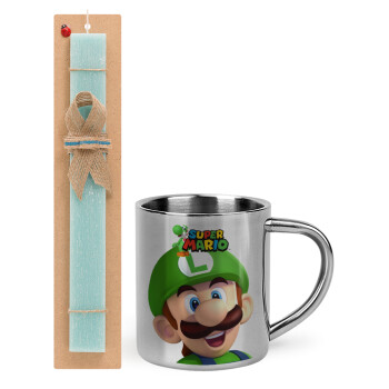 Super mario Luigi, Πασχαλινό Σετ, μεταλλική κούπα θερμό (300ml) & πασχαλινή λαμπάδα αρωματική πλακέ (30cm) (ΤΙΡΚΟΥΑΖ)