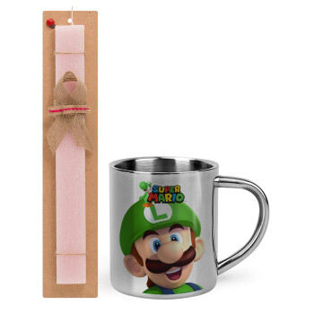 Super mario Luigi, Πασχαλινό Σετ, μεταλλική κούπα θερμό (300ml) & πασχαλινή λαμπάδα αρωματική πλακέ (30cm) (ΡΟΖ)